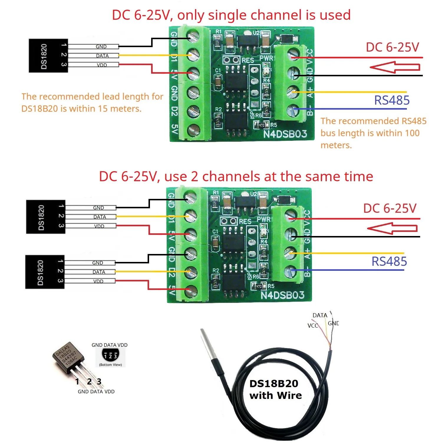 Ds18B20 Temperature Sensor - デジタル温度コレクターモジュール,-55〜 + 125c,ds18b20センサー,1-2ch,rs485,dc 5v,12v,24v,サーモスタット,スマートホーム,r46ca01