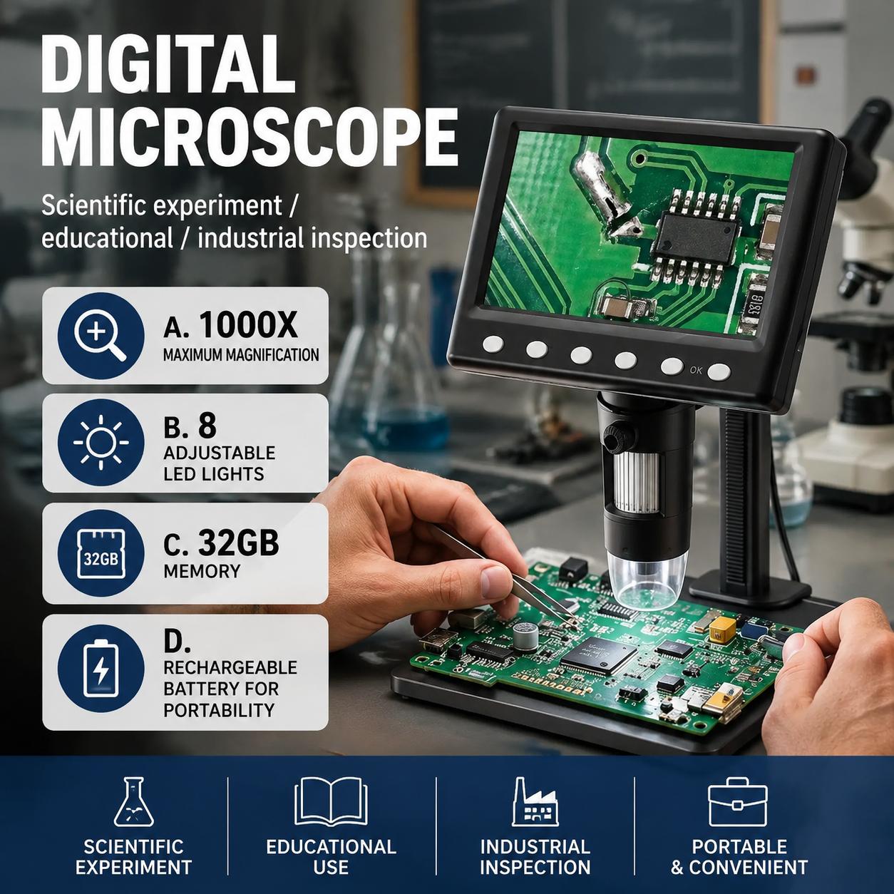 Diy Electronics Microscope - 検査用顕微鏡 1000倍拡大 8 LED照明付き 32GBメモリ搭載 デジタル顕微鏡
