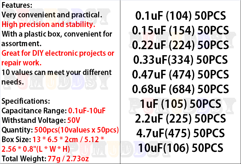 500 ピース/ロット 10 値 * 50 個 0.1uf- - Capacitor Kit Assortment のレビューと価格