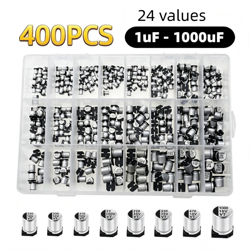 400個 24種類 SMDアルミ電解コンデンサキット 1μF - Capacitor Kit Assortment のレビューと価格