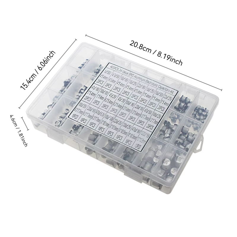 400個 24種類 SMDアルミ電解コンデンサキット 1μF - Capacitor Kit Assortment のレビューと価格